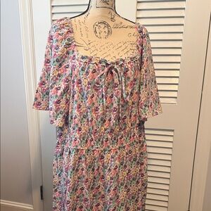 BloomChic Pink Multi Floral Midi Dress with Tie Neck